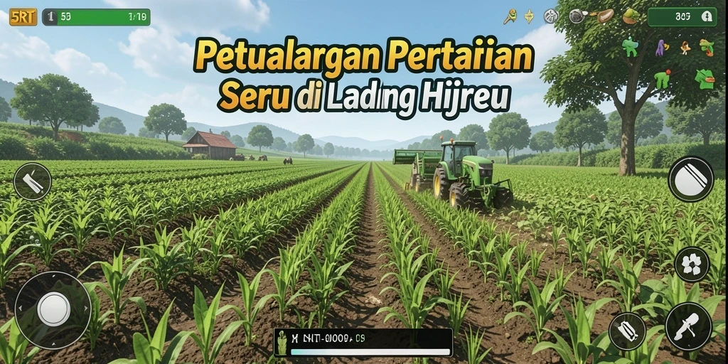 Tampilan utama gameplay 5RT dengan ladang yang subur dan tanaman hijau.