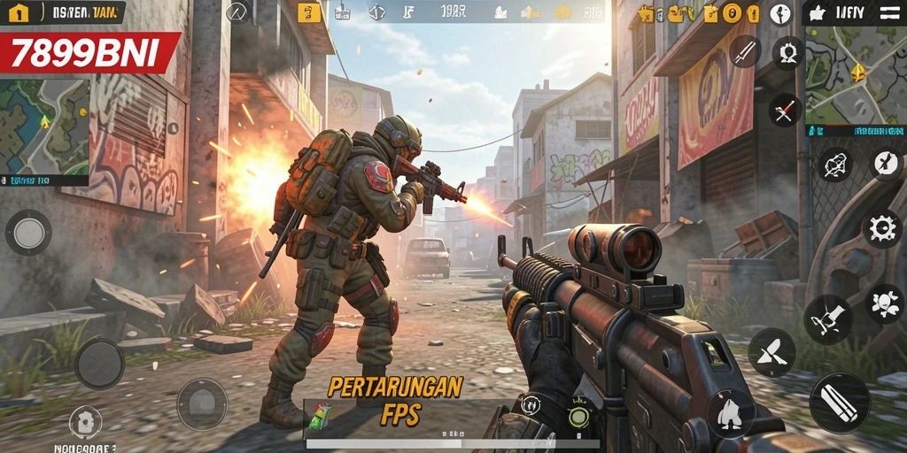 Screenshot utama 789BNI menunjukkan aksi pertarungan FPS yang mendebarkan.