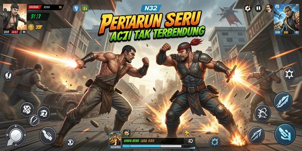 Screenshot gameplay N32 menampilkan aksi pertempuran yang seru dan mendebarkan.