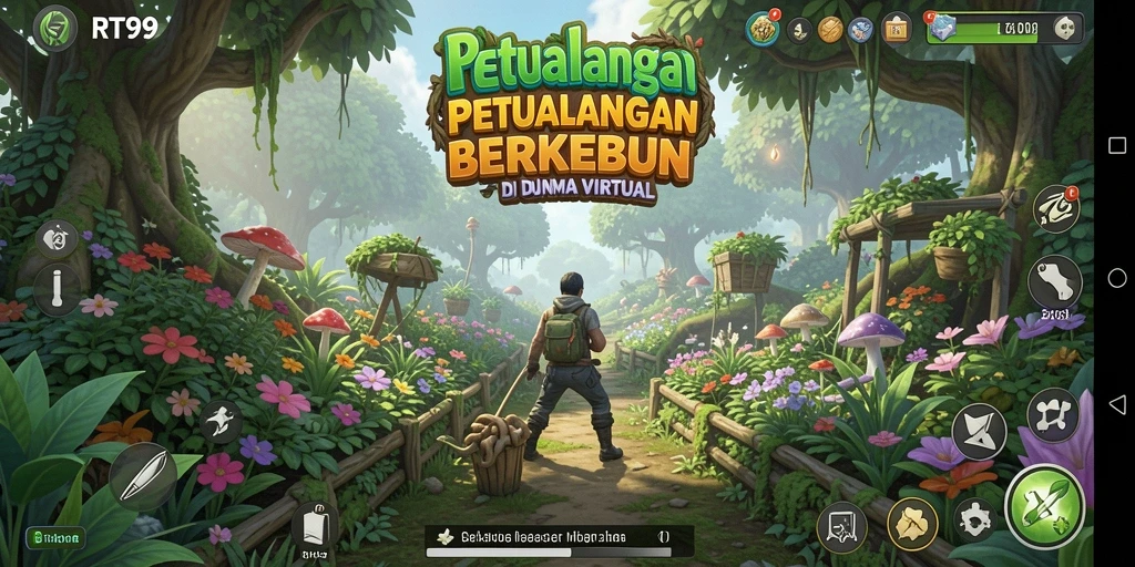 Tampilan gameplay RT99 dengan kebun yang subur dan hewan ternak yang bahagia.