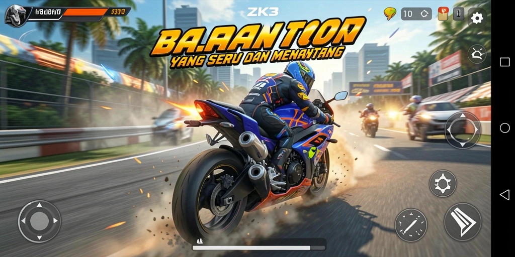 Tangkapan layar gameplay ZK3 yang menunjukkan aksi balapan motor seru.